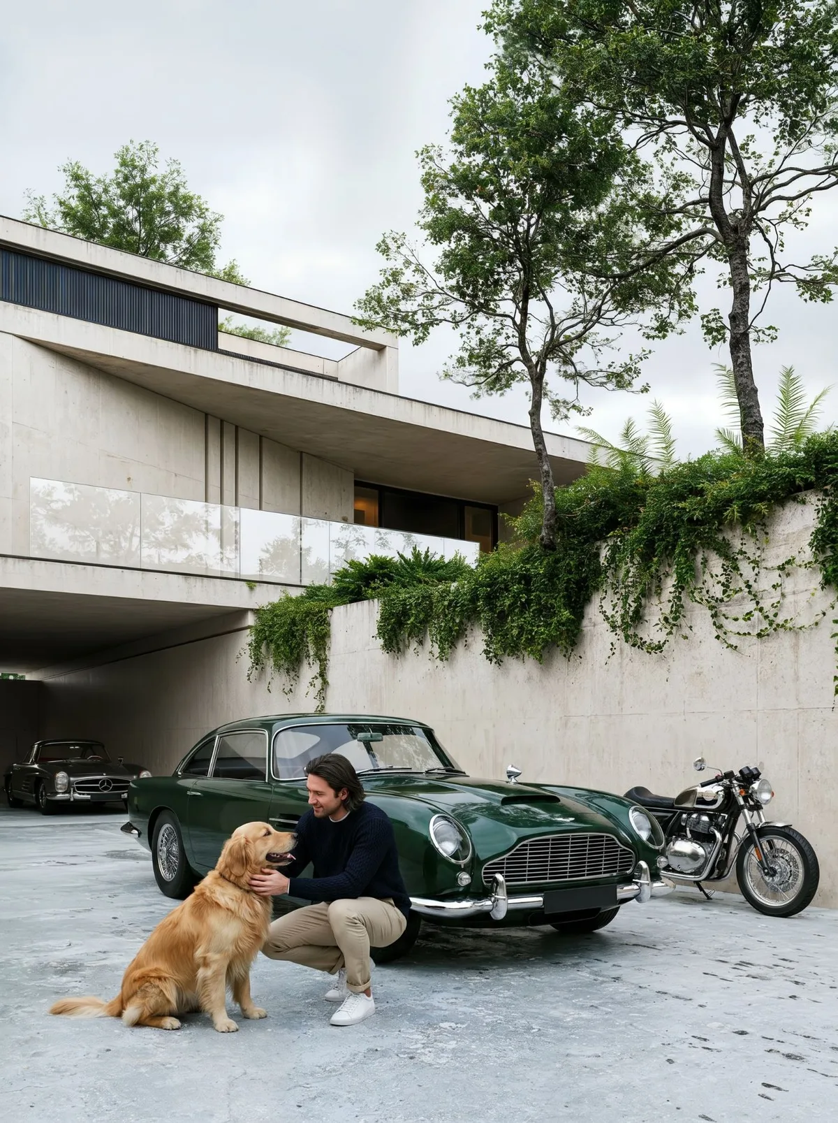 Terraza con perro dorado y arquitectura de concreto